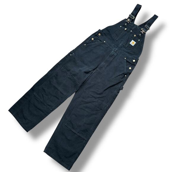 Vintage Carhartt Double Knee Duck Bib Overalls Workwear Painter R01-BLK 34x30 - Picture 1 of 11